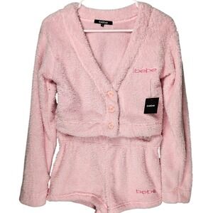 Bebe Pink Fuzzy Fleece 2-Piece Lounge Set Pajama Cardigan Shorts XS Coquette NEW